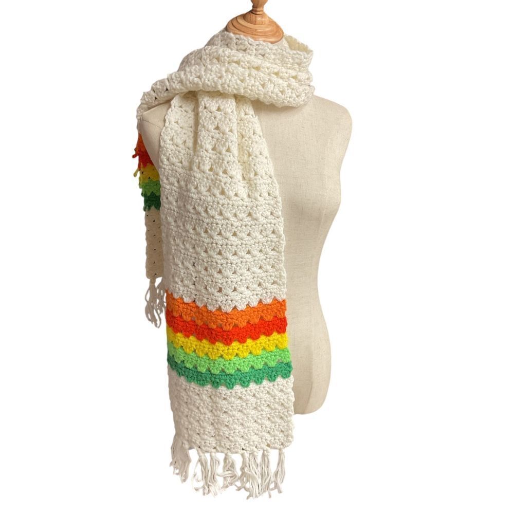 Vintage Women's Crochet Fringe Knit Shawl Scarf 66"x10.5" Cozy Warm